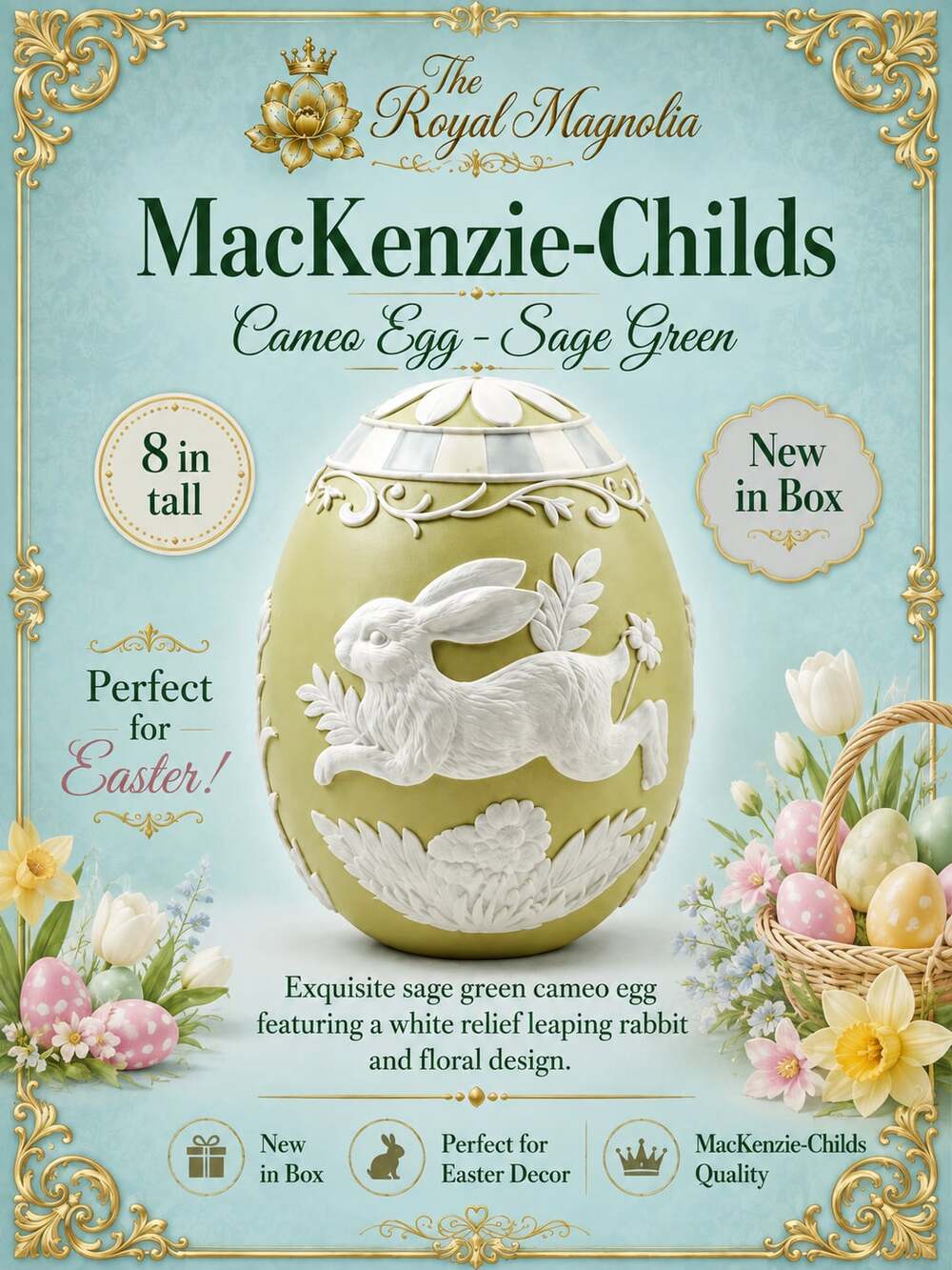 MacKenzie-Childs Sage Green Cameo Egg with Leaping Rabbit and Floral Design
